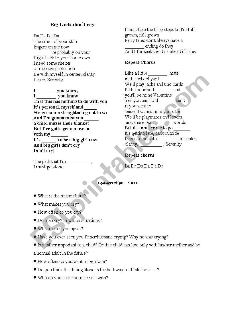 Big Girls don`t cry worksheet